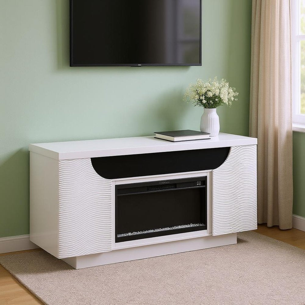 76" White Ribbed Wood Electric Storage Cabinet Fireplace With LED And Speaker