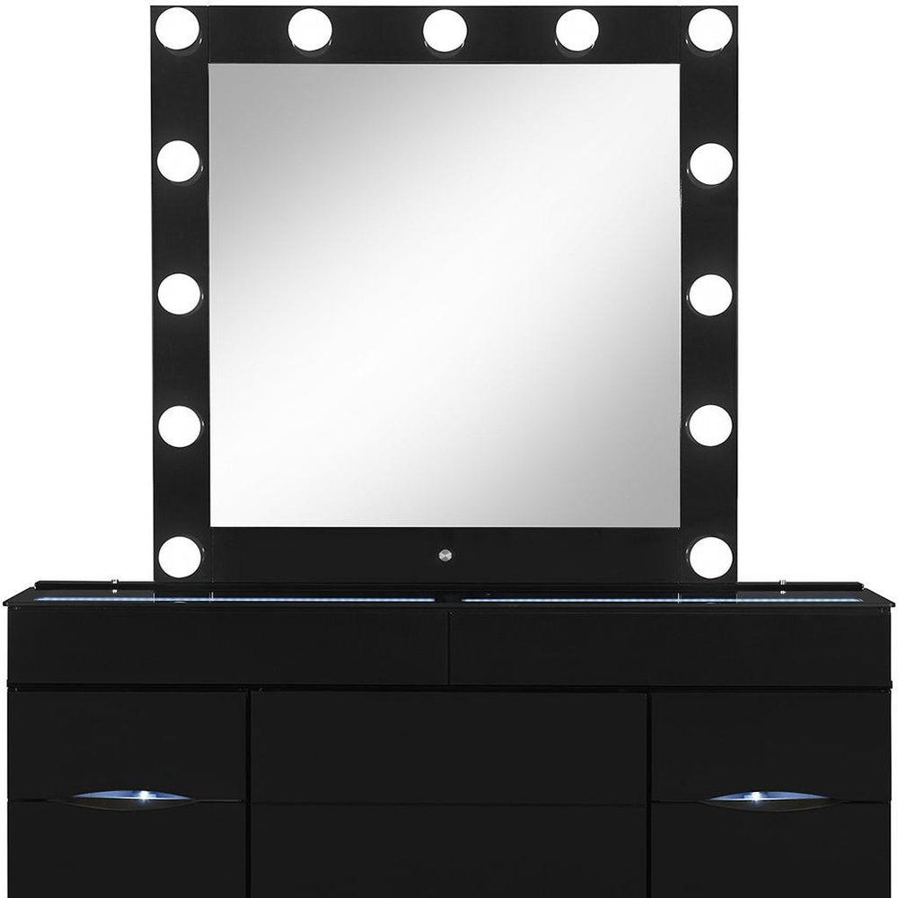 62" Black Wood And Glass Six Drawer Vanity Table With Mirror Seating And Lights