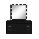62" Black Wood And Glass Six Drawer Vanity Table With Mirror Seating And Lights