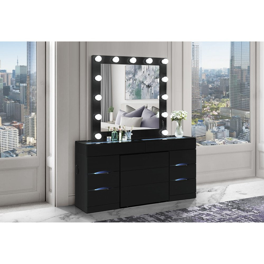 62" Black Wood And Glass Six Drawer Vanity Table With Mirror Seating And Lights