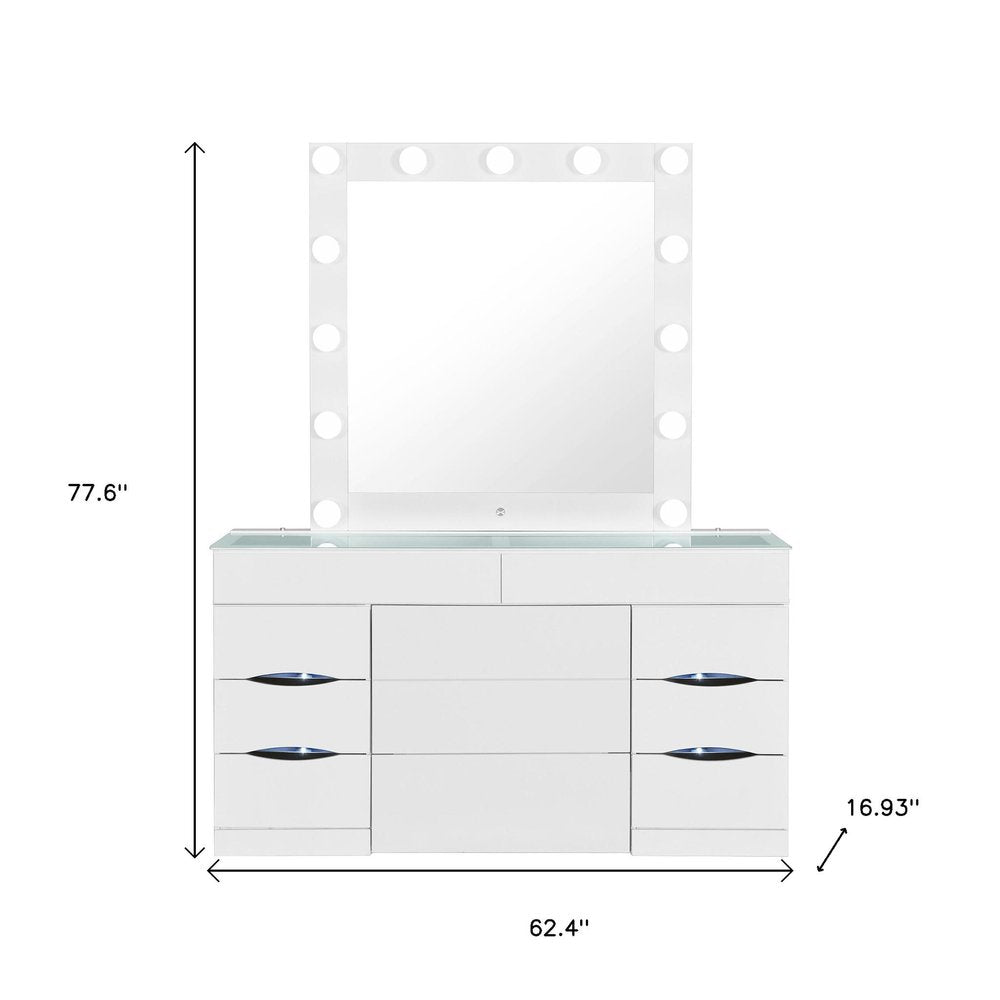 62" White Wood And Glass Six Drawer Vanity Table With Mirror Seating And Lights