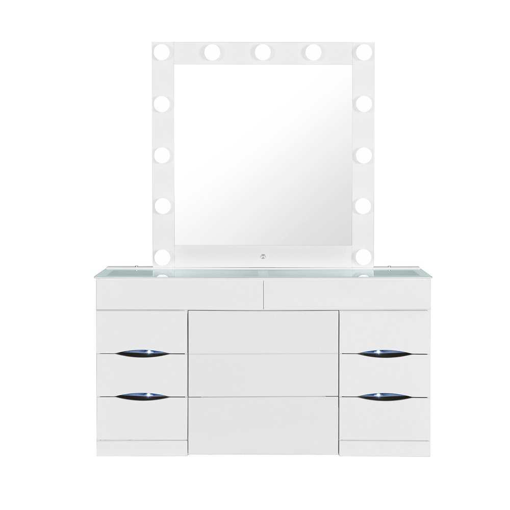 62" White Wood And Glass Six Drawer Vanity Table With Mirror Seating And Lights