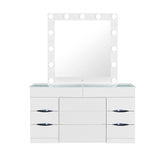 62" White Wood And Glass Six Drawer Vanity Table With Mirror Seating And Lights