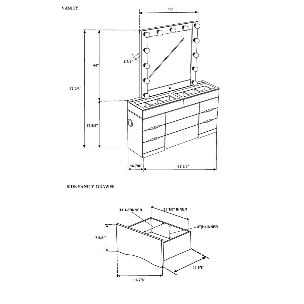 62" White Wood And Glass Six Drawer Vanity Table With Mirror Seating And Lights