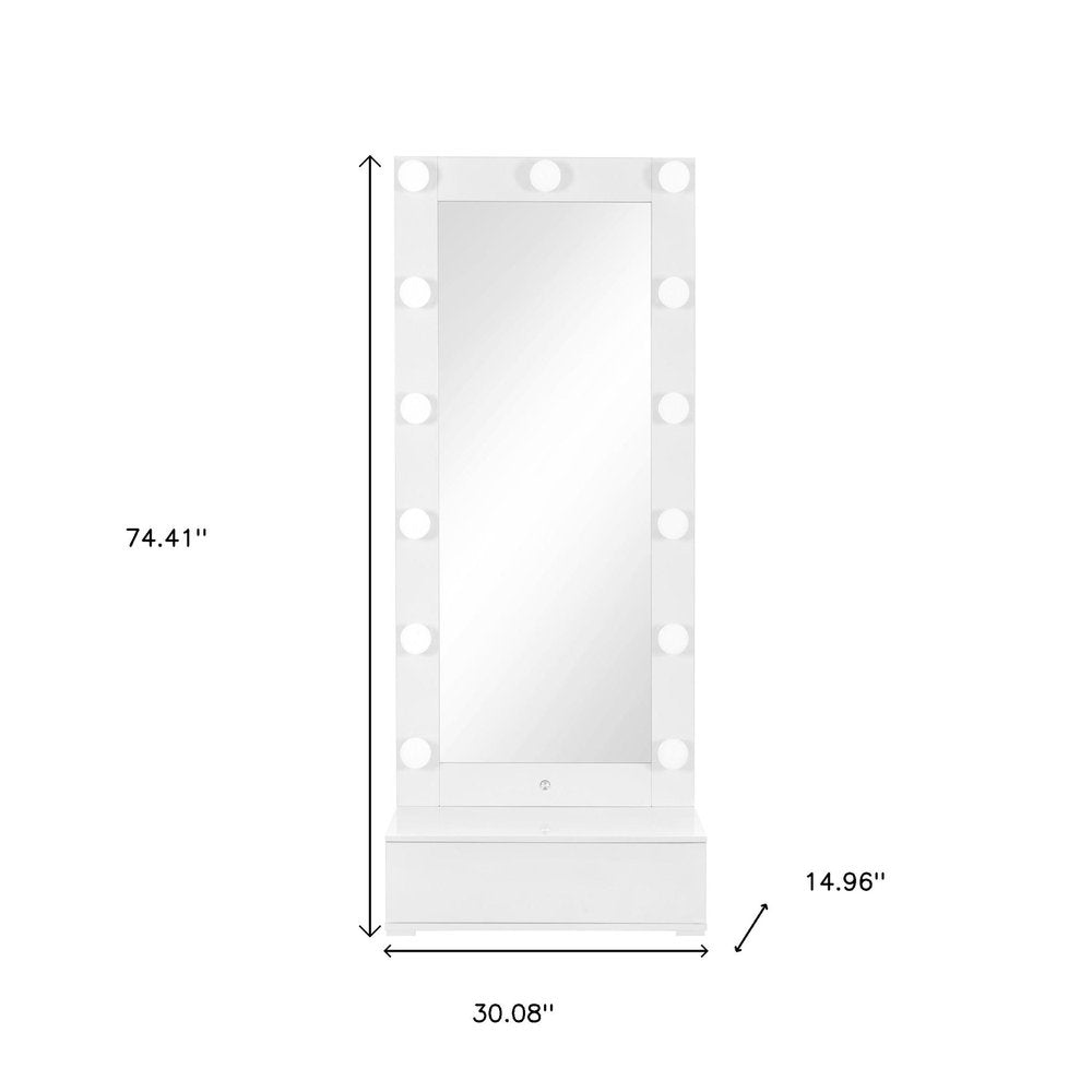 74" White Wood Lighted Freestanding Framed Full Length Mirror