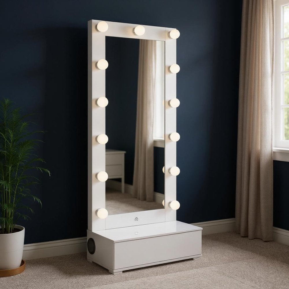 74" White Wood Lighted Freestanding Framed Full Length Mirror