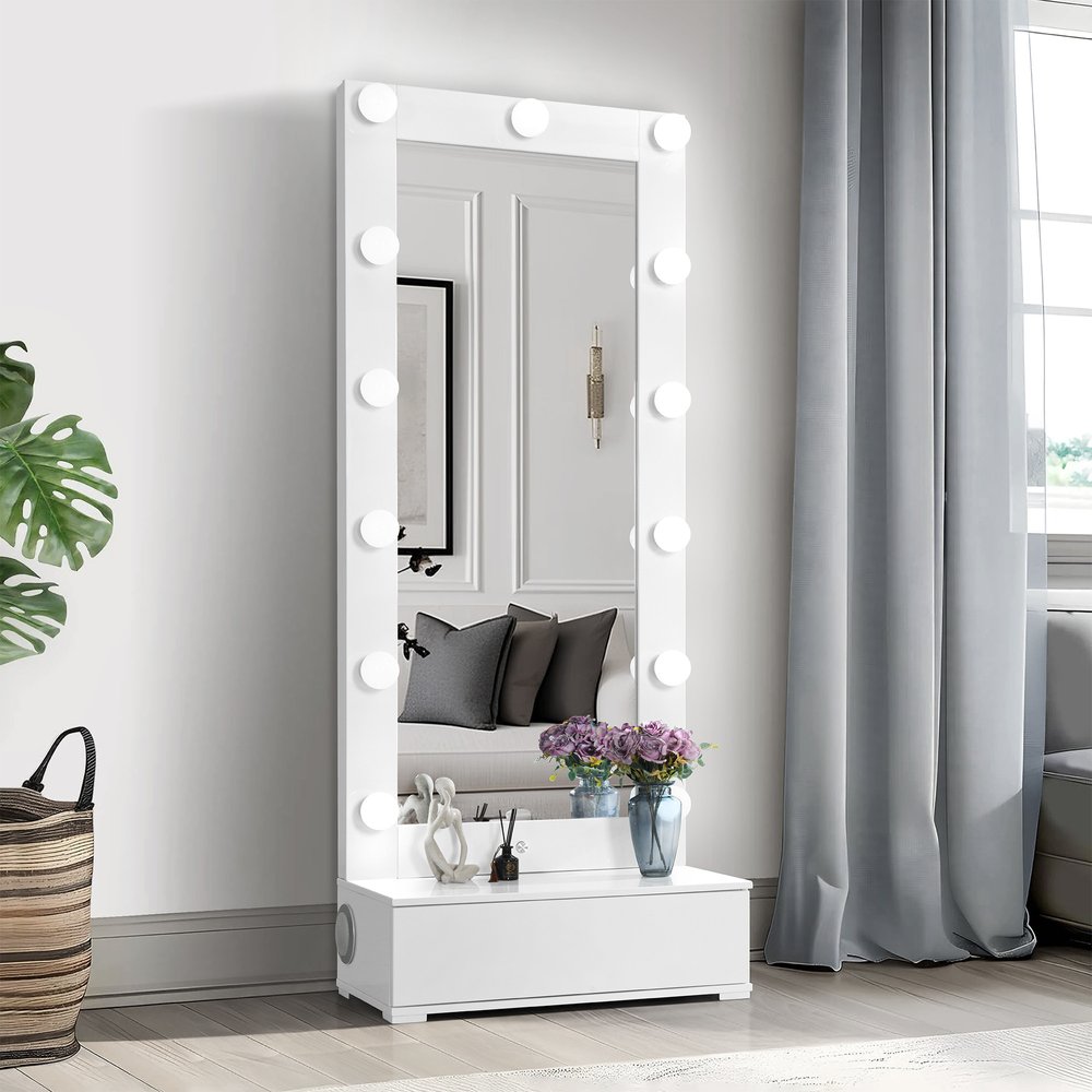 74" White Wood Lighted Freestanding Framed Full Length Mirror