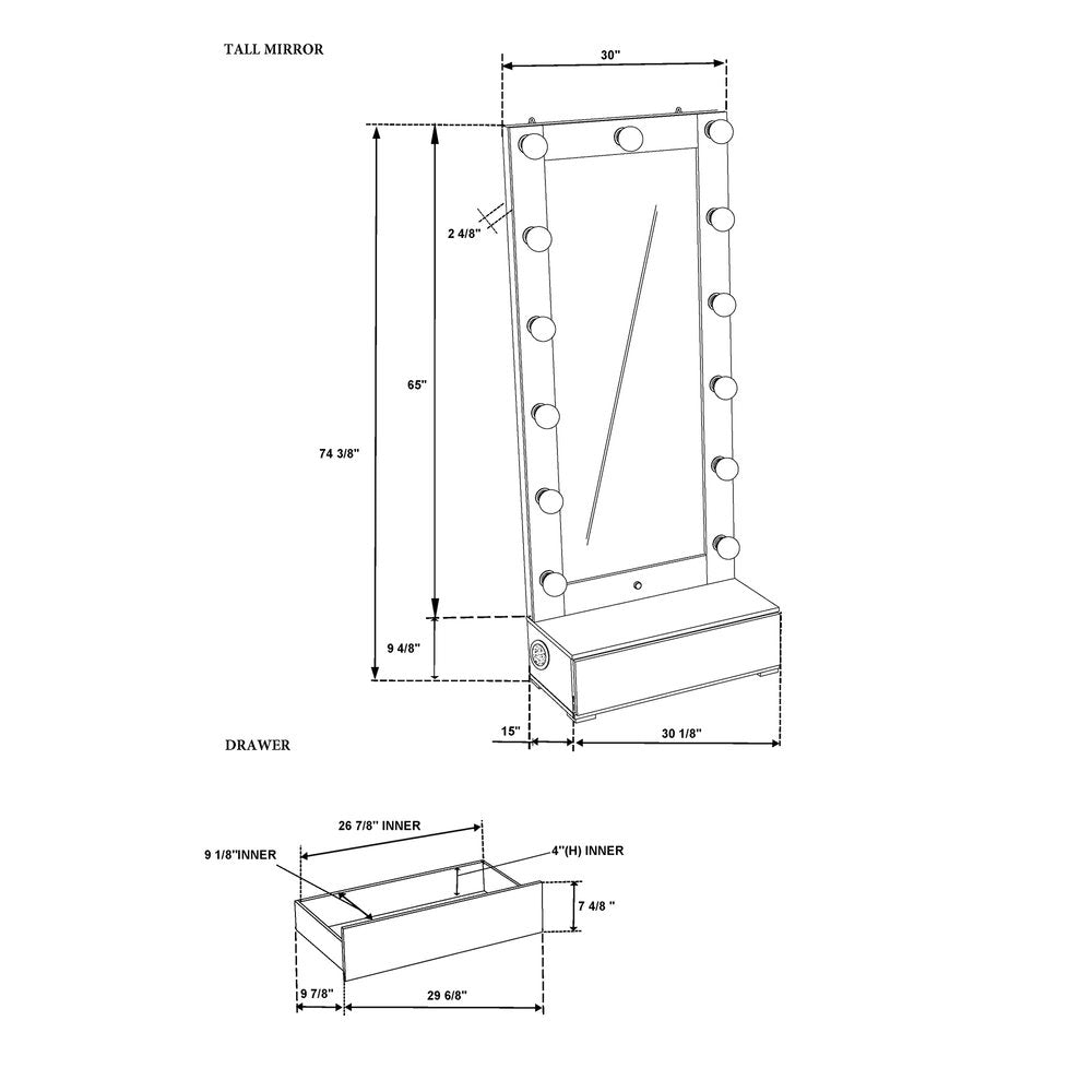 74" White Wood Lighted Freestanding Framed Full Length Mirror