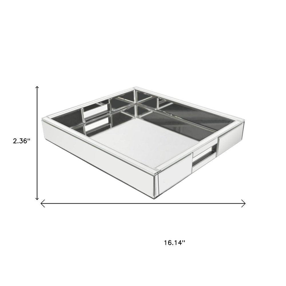 16" Silver Mirrored Glass Serving Tray With Handles