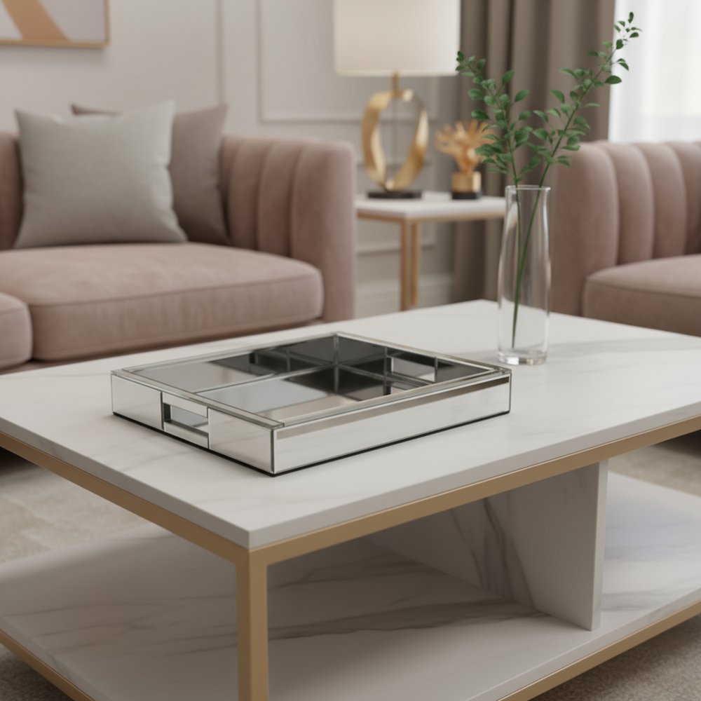 16" Silver Mirrored Glass Serving Tray With Handles