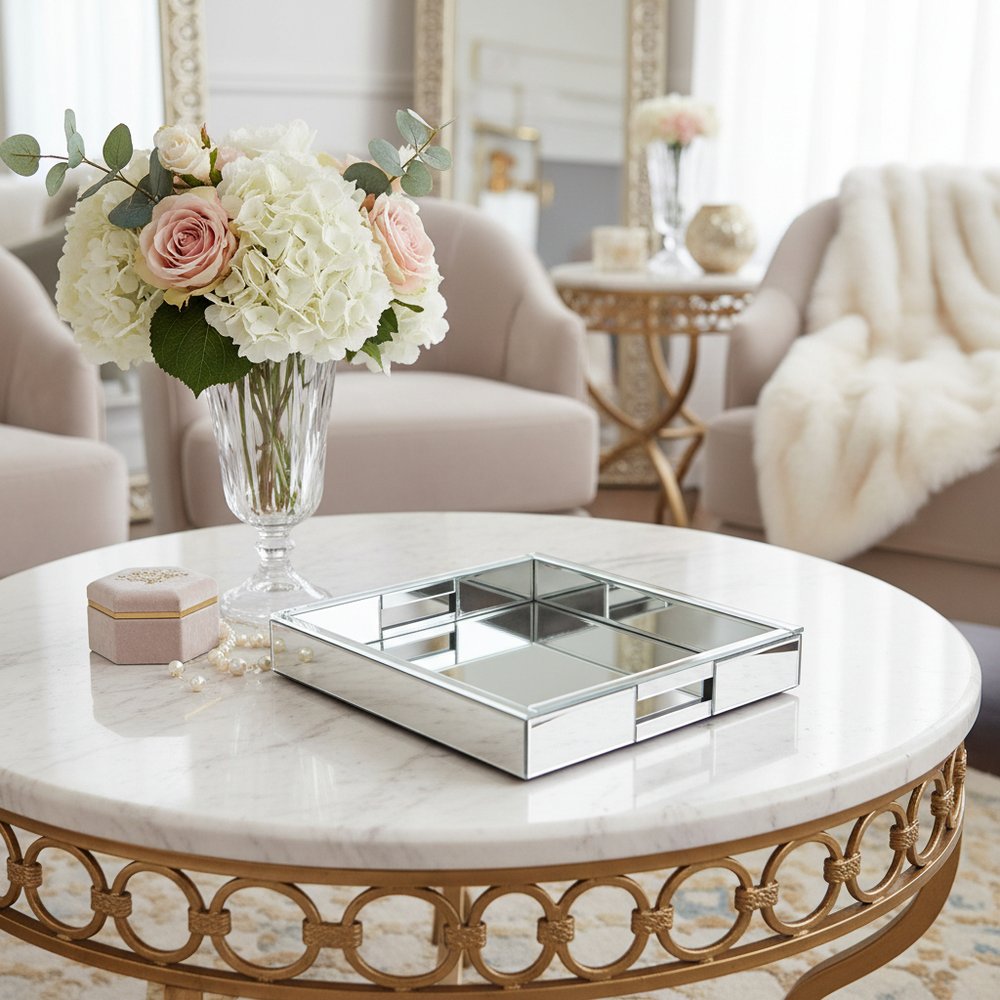 16" Silver Mirrored Glass Serving Tray With Handles