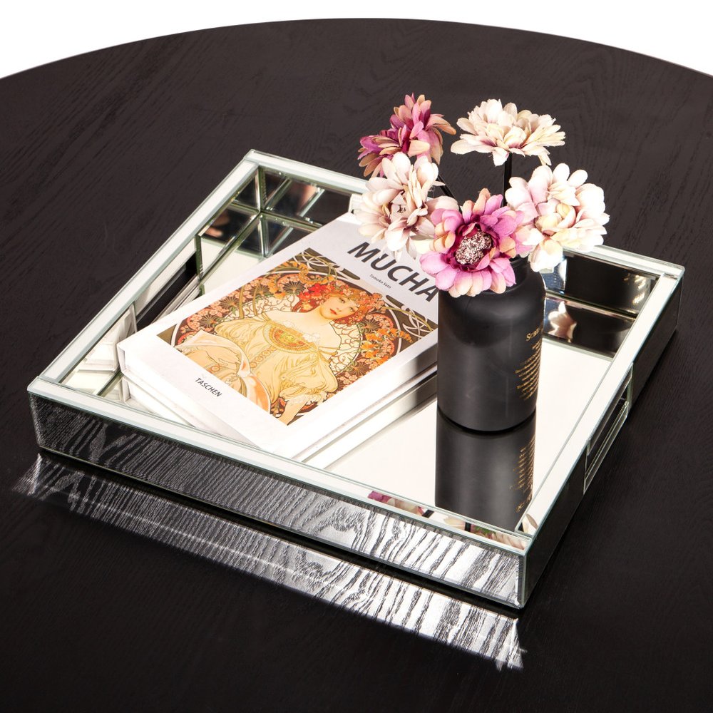 16" Silver Mirrored Glass Serving Tray With Handles