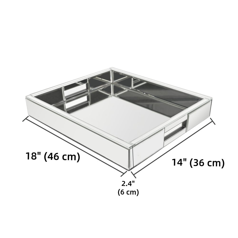 16" Silver Mirrored Glass Serving Tray With Handles