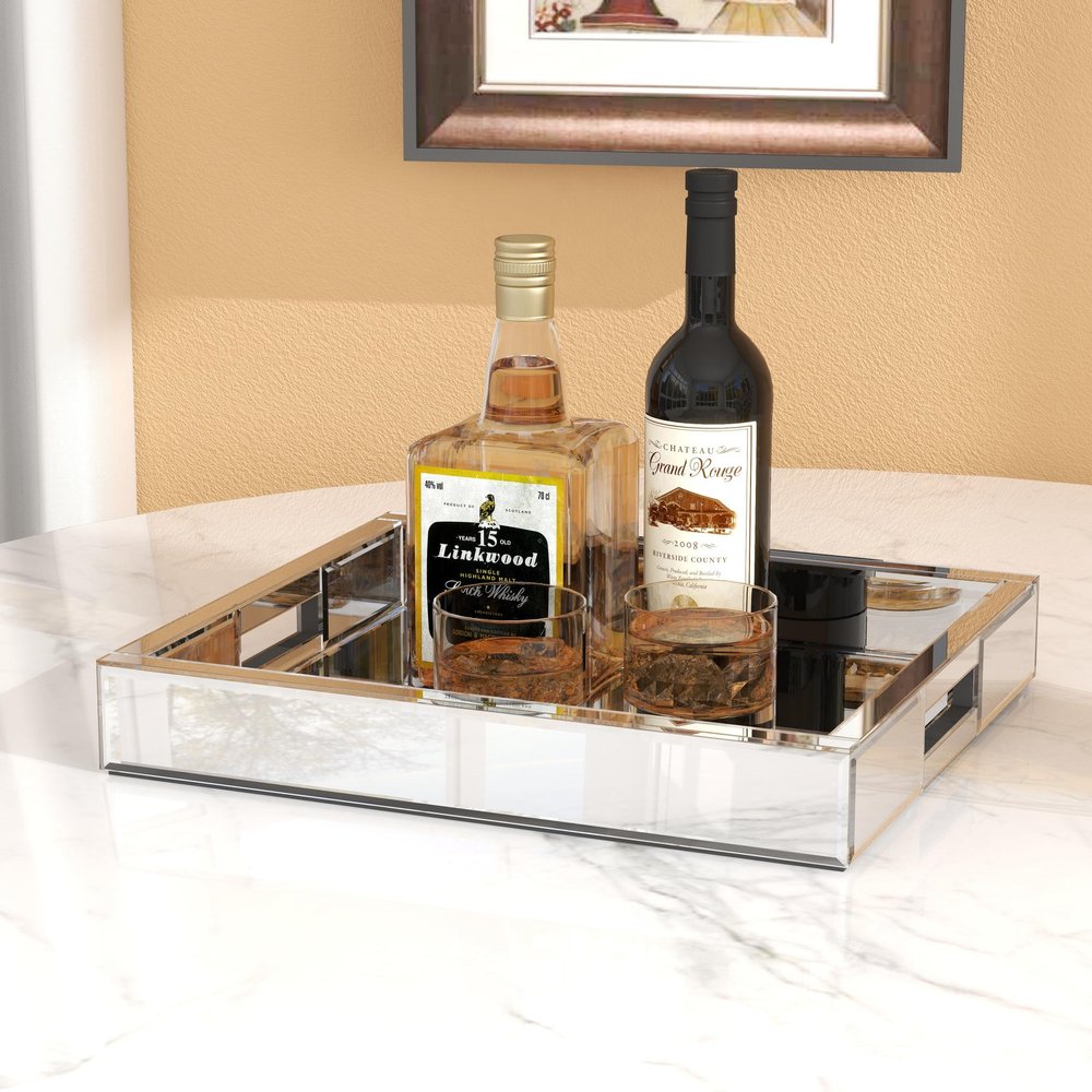16" Silver Mirrored Glass Serving Tray With Handles