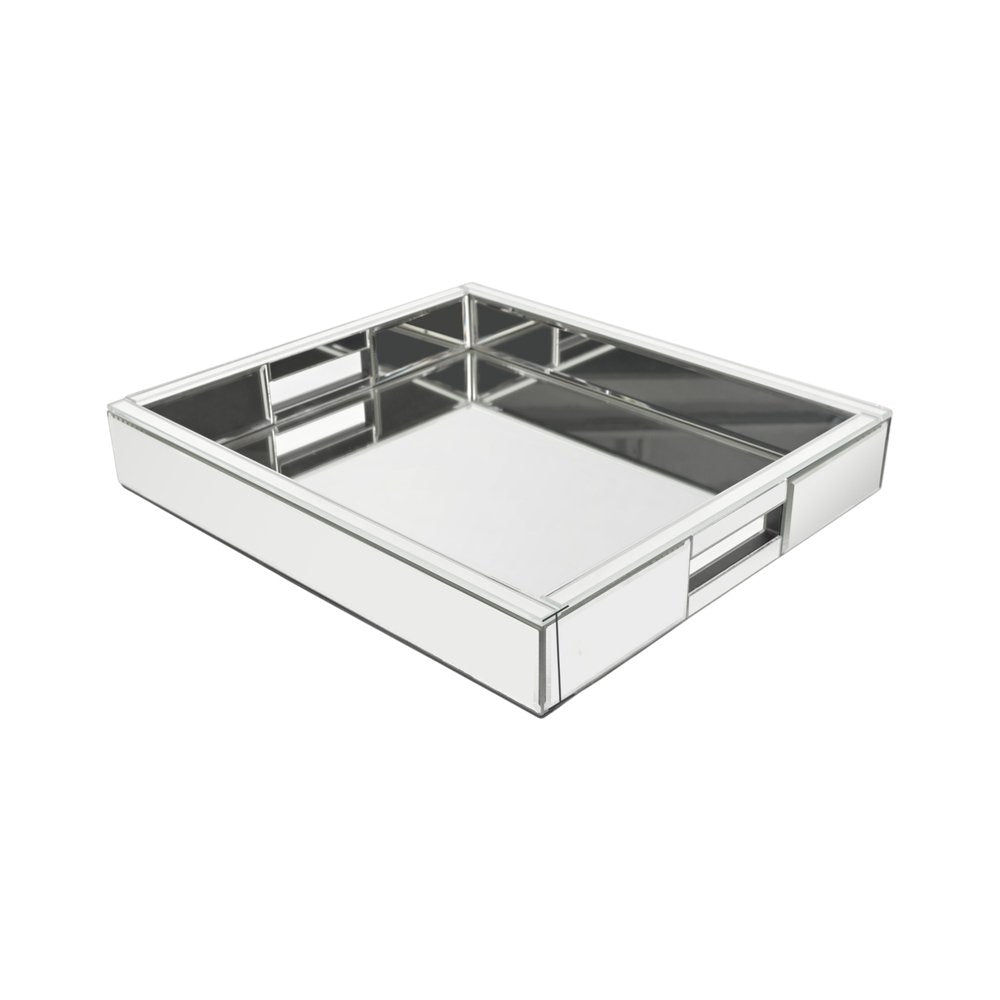 16" Silver Mirrored Glass Serving Tray With Handles