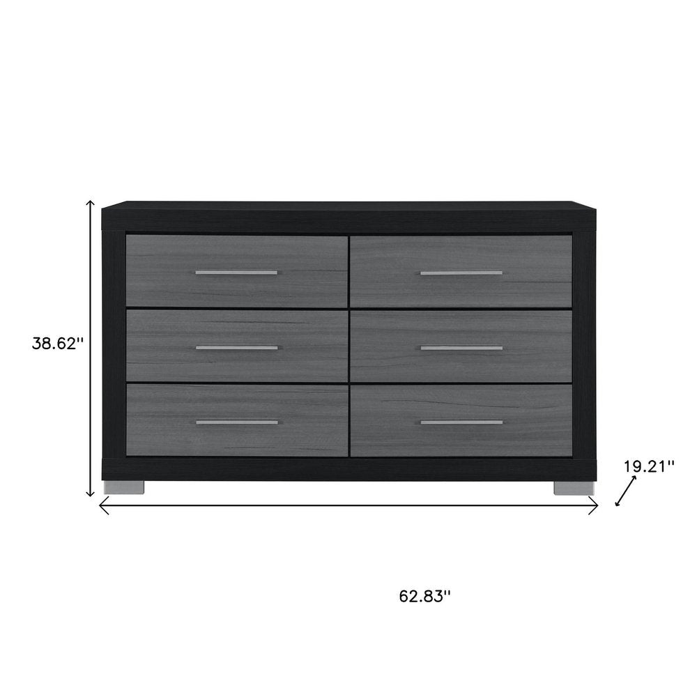 63" Black And Gray Wood Six Drawer Double Dresser