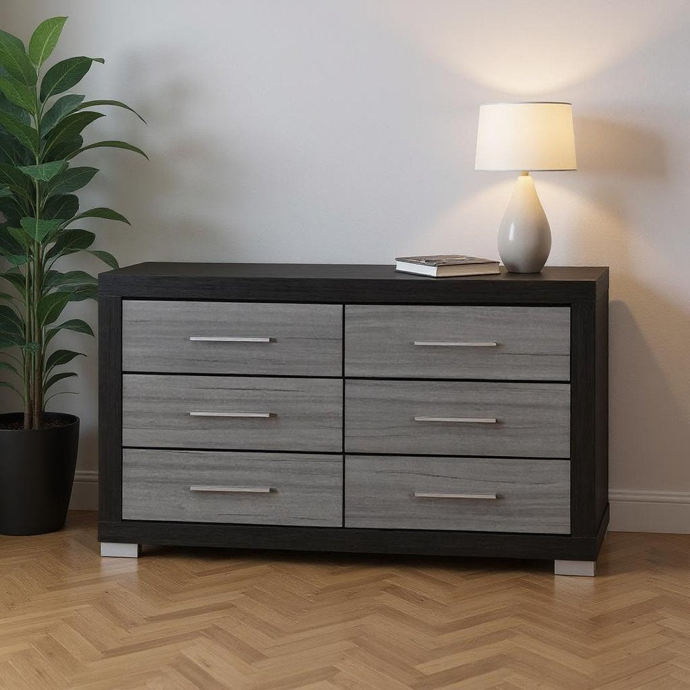 63" Black And Gray Wood Six Drawer Double Dresser