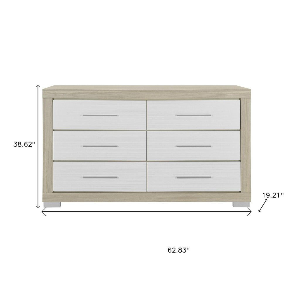 63" Natural And White Wood Six Drawer Double Dresser