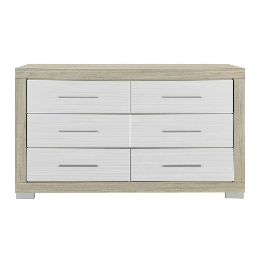 63" Natural And White Wood Six Drawer Double Dresser