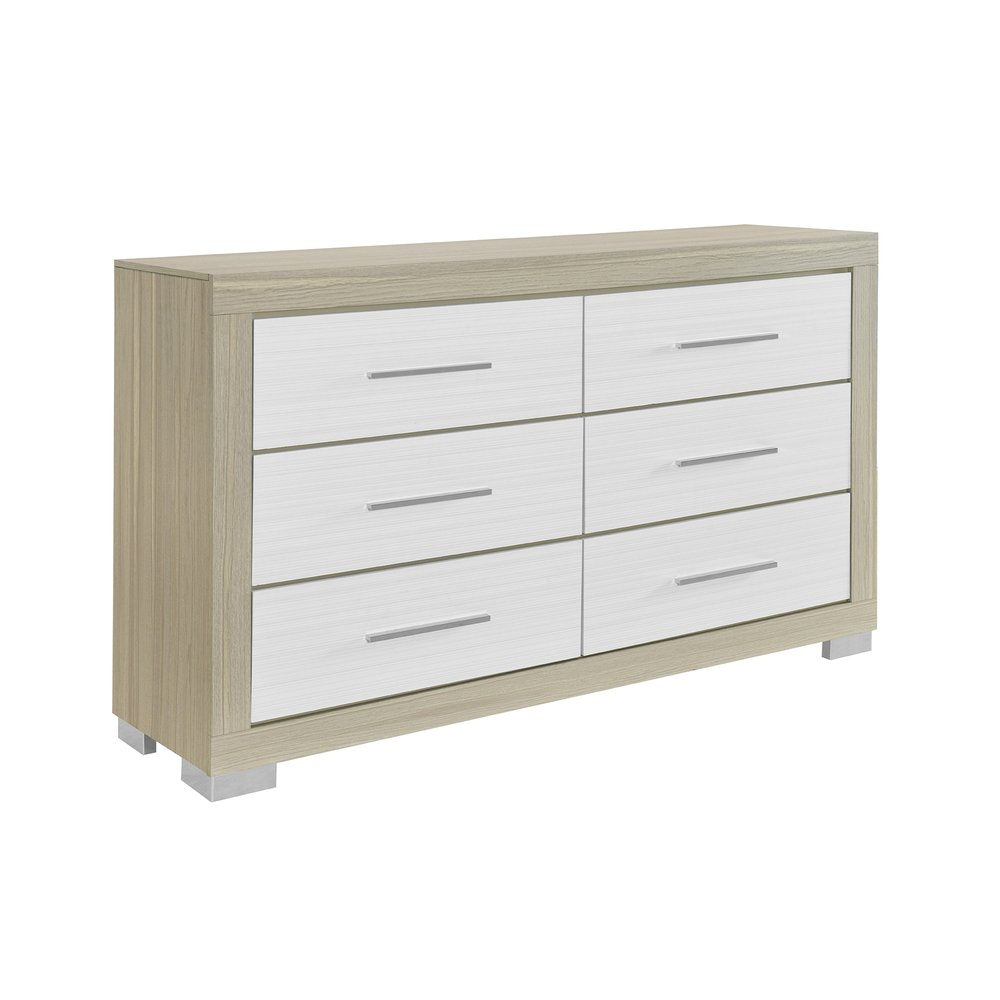 63" Natural And White Wood Six Drawer Double Dresser