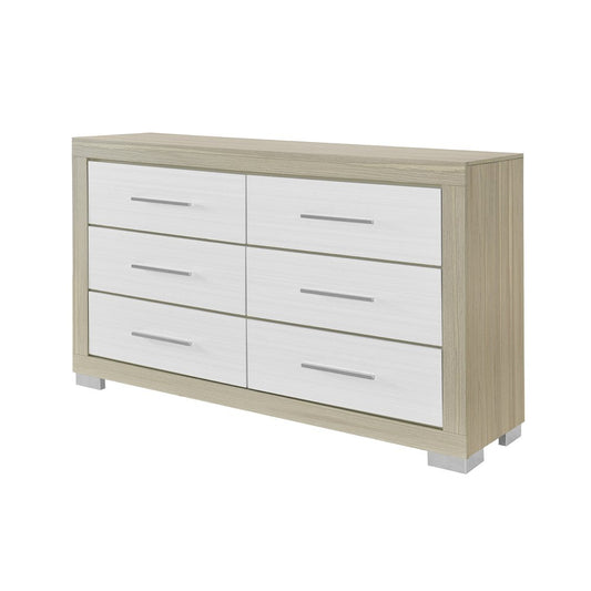 63" Natural And White Wood Six Drawer Double Dresser