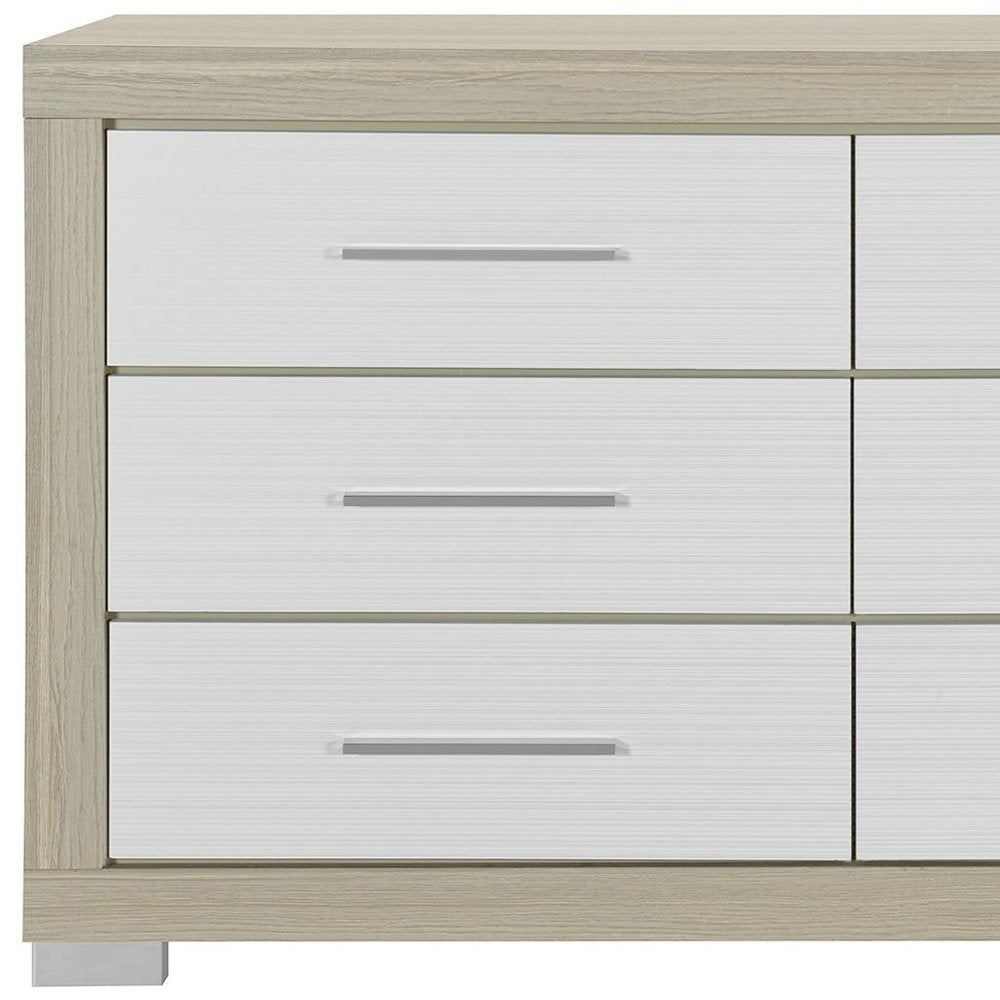 63" Natural And White Wood Six Drawer Double Dresser