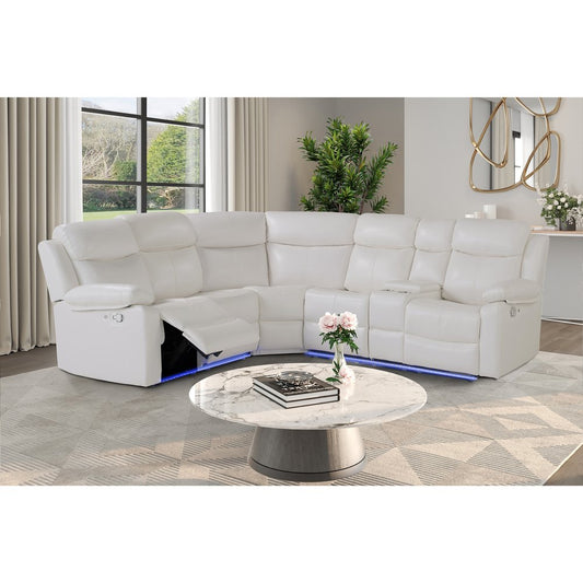 Off White Faux Leather Reclining Curved Six Piece Sectional With LED And Console