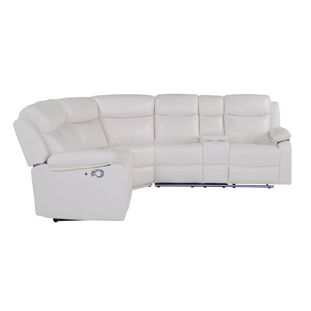 Off White Faux Leather Reclining Curved Six Piece Sectional With LED And Console