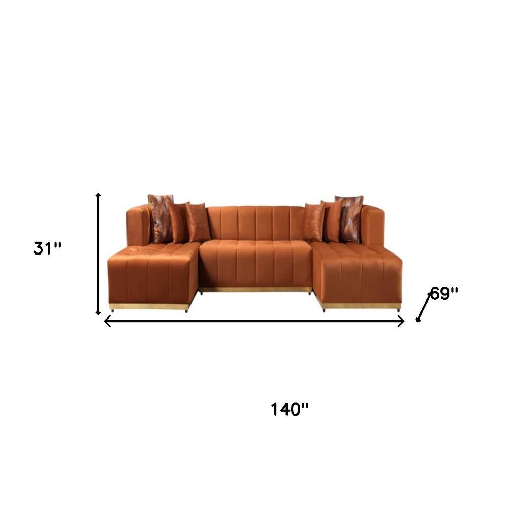 Orange Velvet U Shaped Three Piece Sofa and Chaise Sectional With Toss Pillows