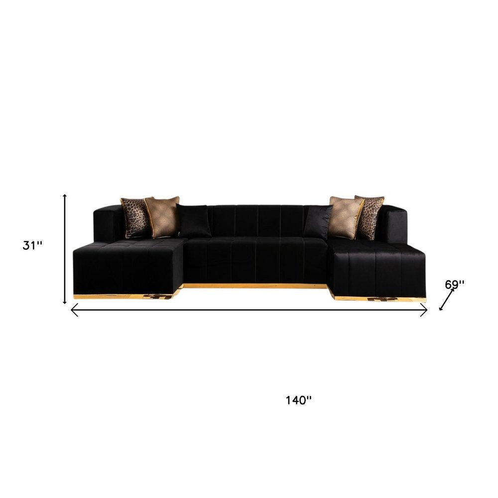 Black Velvet U Shaped Three Piece Sofa and Chaise Sectional With Toss Pillows