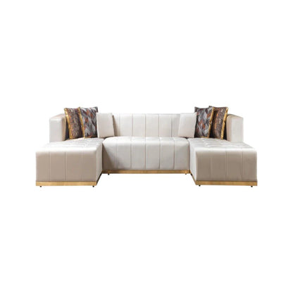 Ivory Velvet U Shaped Three Piece Sofa and Chaise Sectional With Toss Pillows