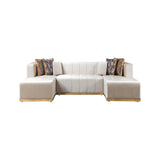 Ivory Velvet U Shaped Three Piece Sofa and Chaise Sectional With Toss Pillows