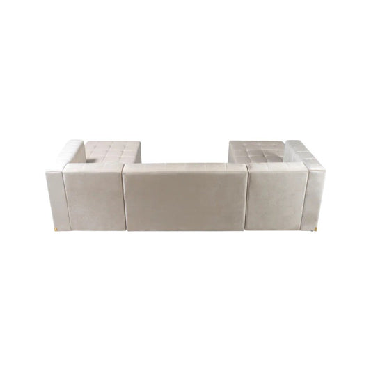 Ivory Velvet U Shaped Three Piece Sofa and Chaise Sectional With Toss Pillows