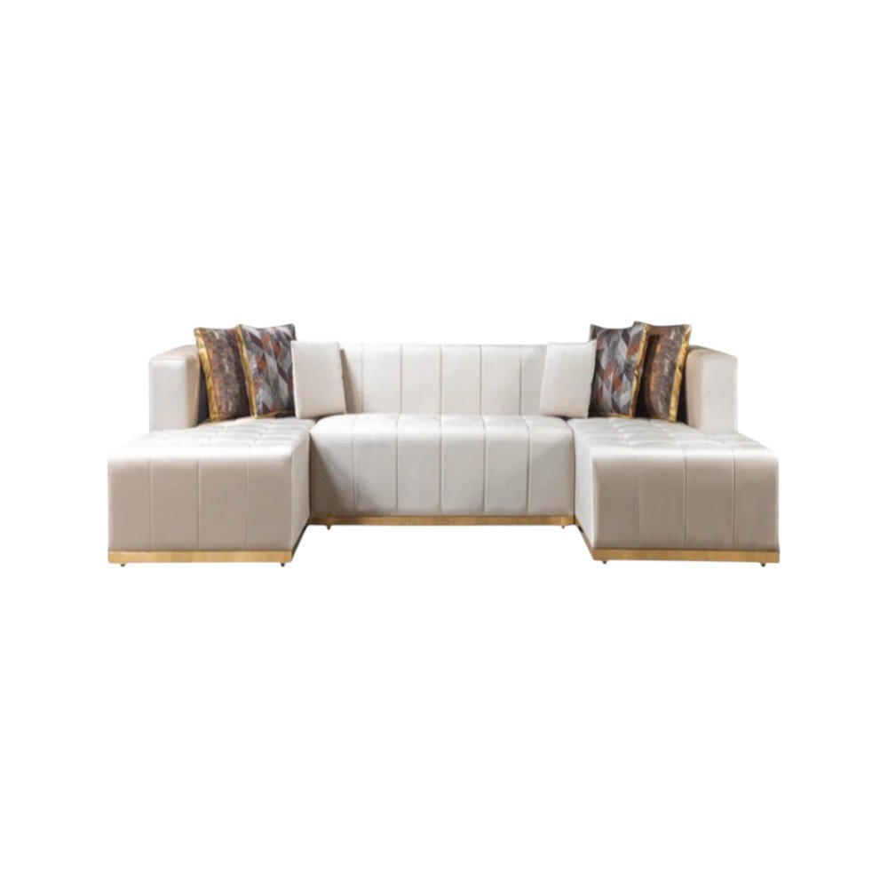 Ivory Velvet U Shaped Three Piece Sofa and Chaise Sectional With Toss Pillows