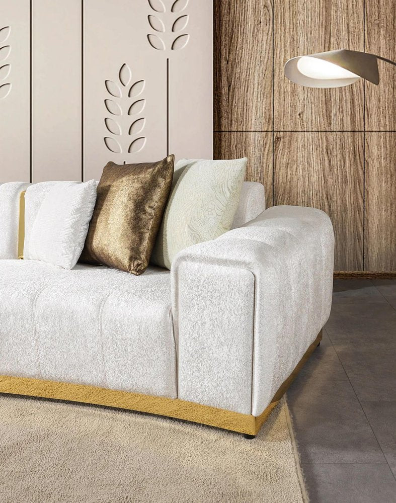 Gold And White Velvet Curved Three Piece Sectional With Toss Pillows