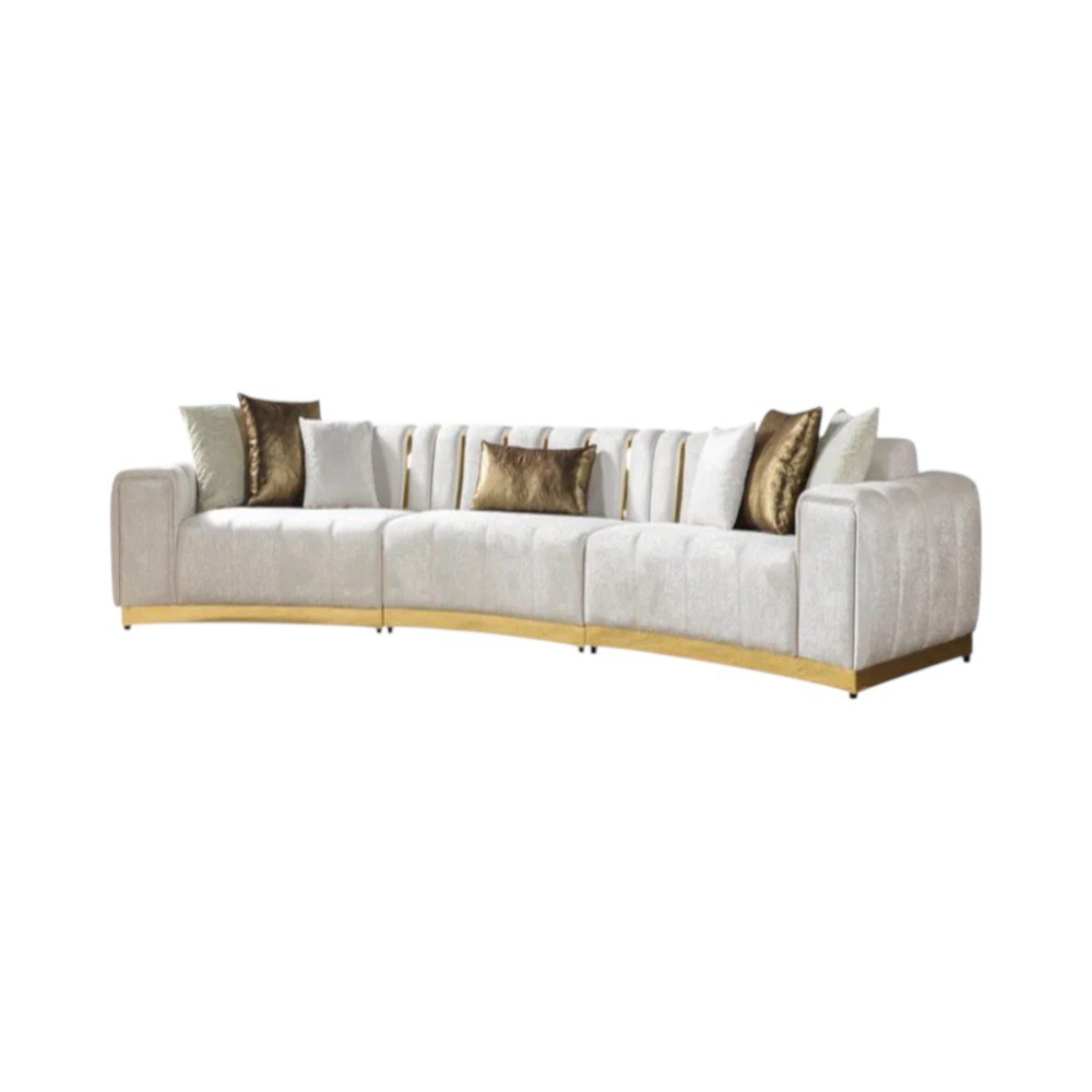 Gold And White Velvet Curved Three Piece Sectional With Toss Pillows