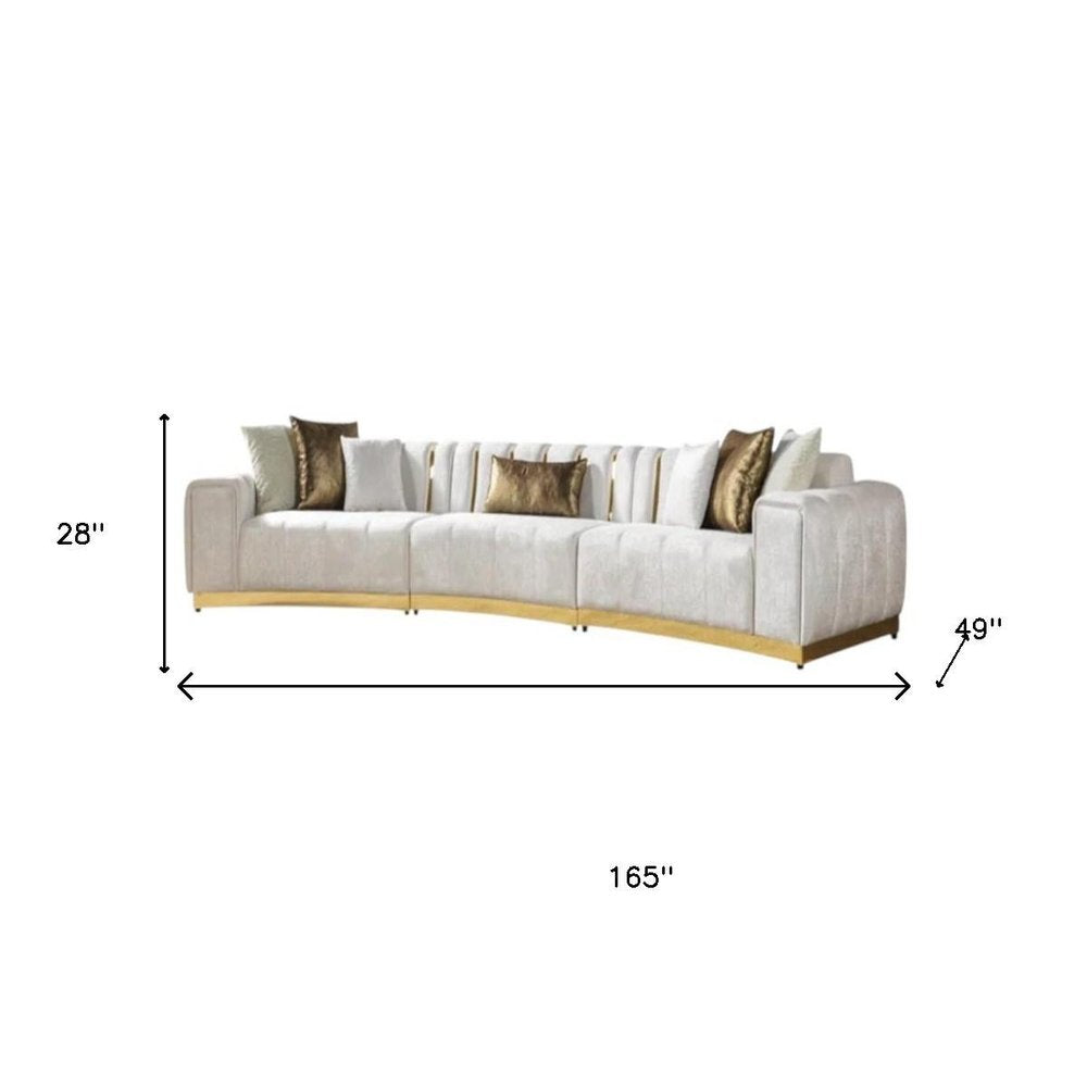 Gold And White Velvet Curved Three Piece Sectional With Toss Pillows