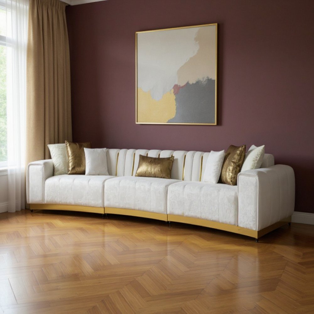 Gold And White Velvet Curved Three Piece Sectional With Toss Pillows