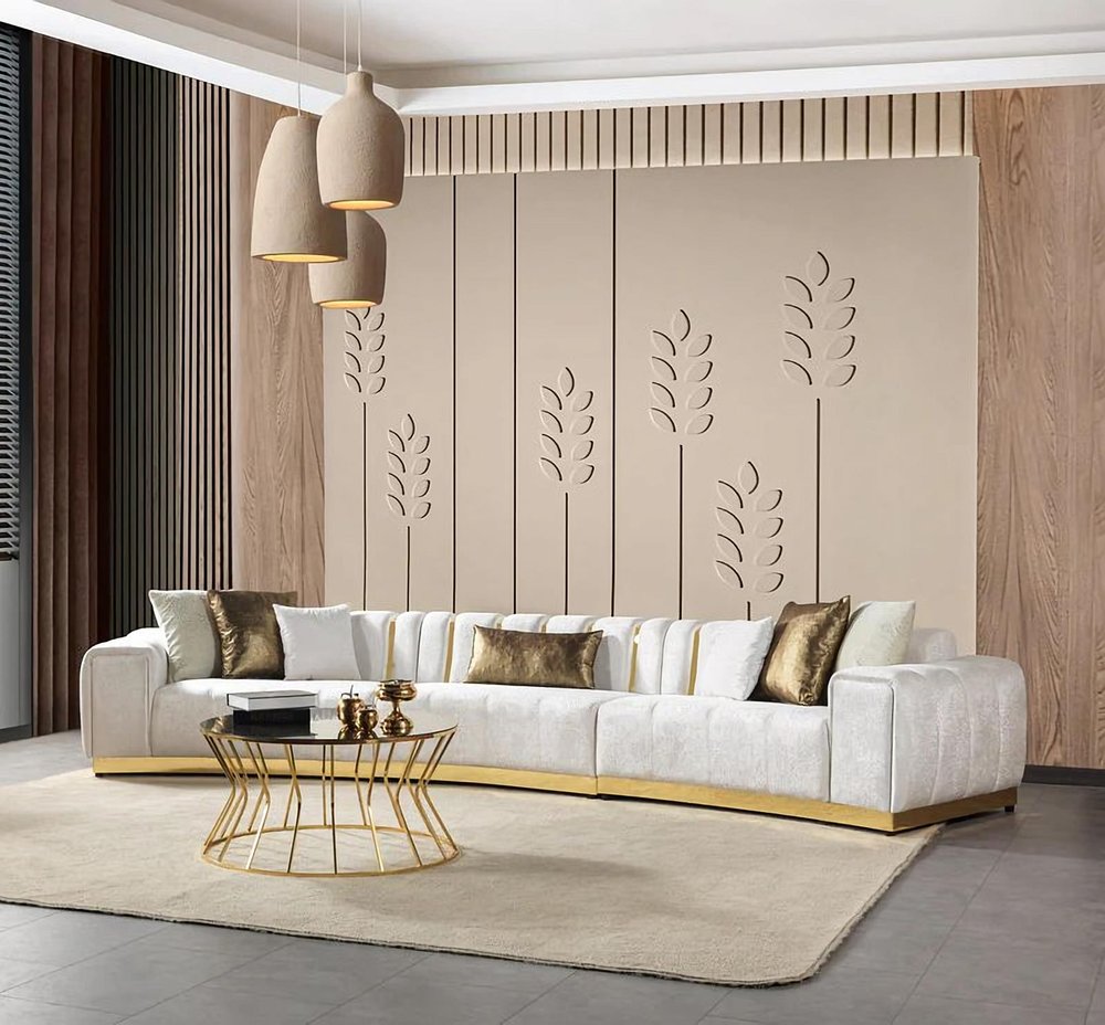 Gold And White Velvet Curved Three Piece Sectional With Toss Pillows