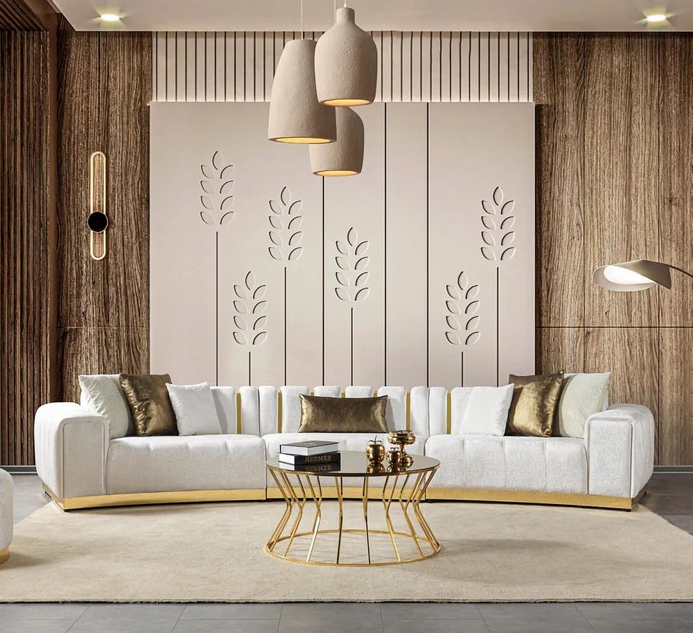 Gold And White Velvet Curved Three Piece Sectional With Toss Pillows