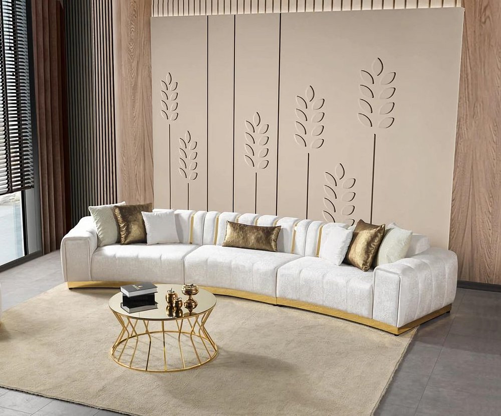 Gold And White Velvet Curved Three Piece Sectional With Toss Pillows