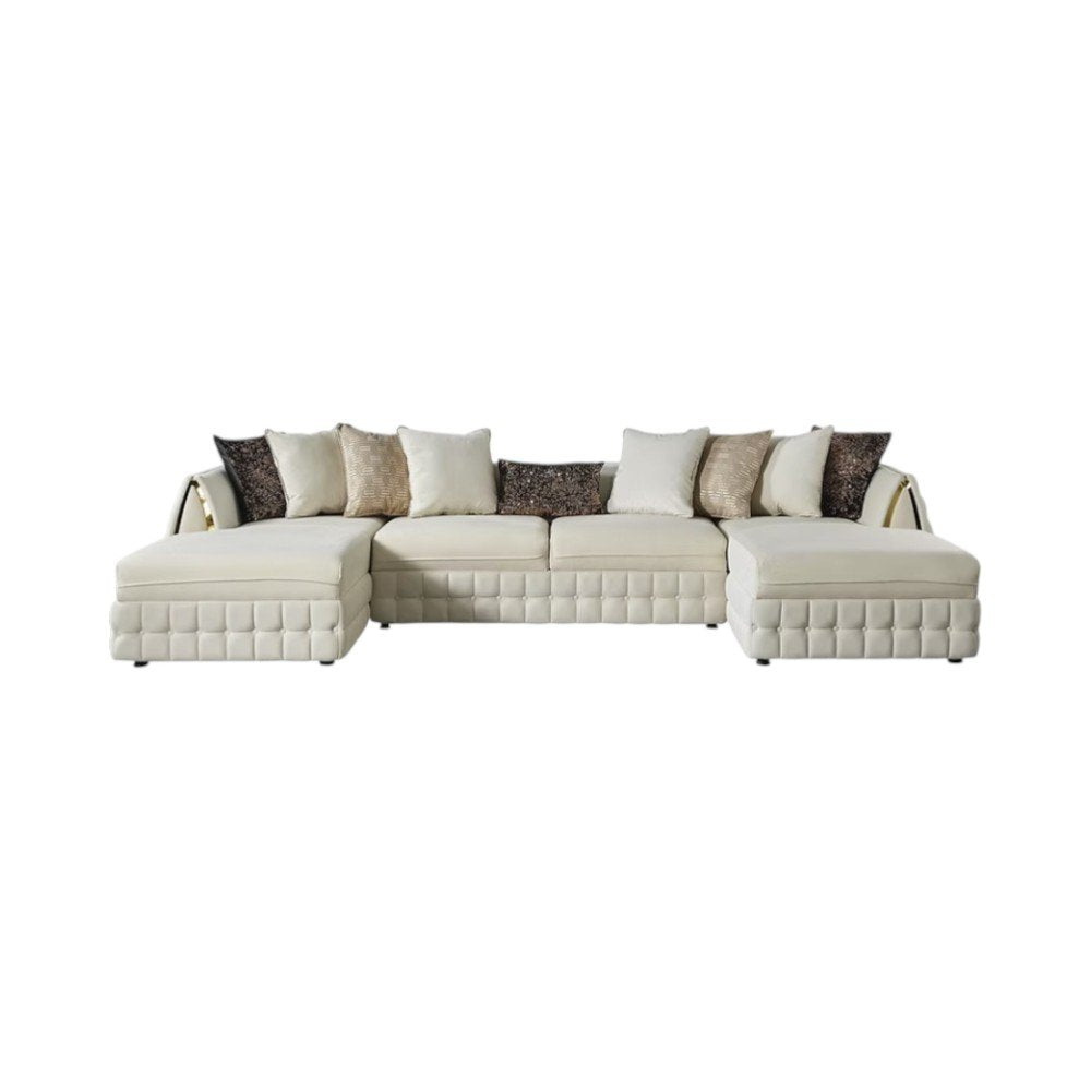 Cream Velvet U Shaped Sofa and Chaise Sectional With Toss Pillows