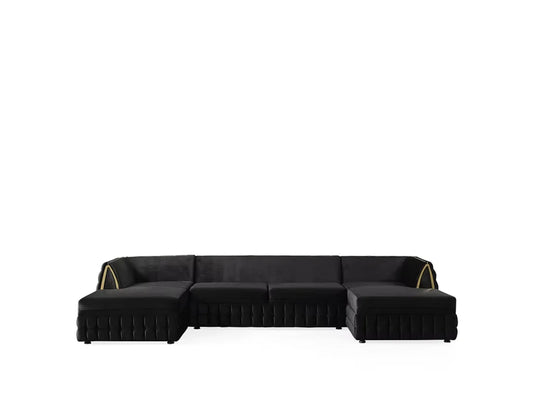 Black Velvet U Shaped Sofa and Chaise Sectional With Toss Pillows