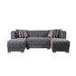 Gray Velvet U Shaped Three Piece Sofa and Chaise Sectional With Toss Pillows