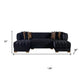 Black Velvet U Shaped Three Piece Sofa and Chaise Sectional With Toss Pillows