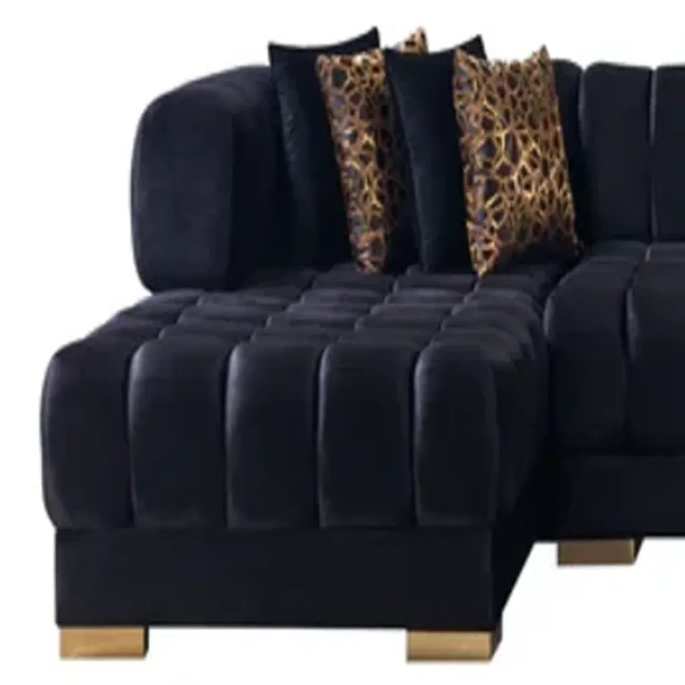 Black Velvet U Shaped Three Piece Sofa and Chaise Sectional With Toss Pillows