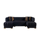 Black Velvet U Shaped Three Piece Sofa and Chaise Sectional With Toss Pillows