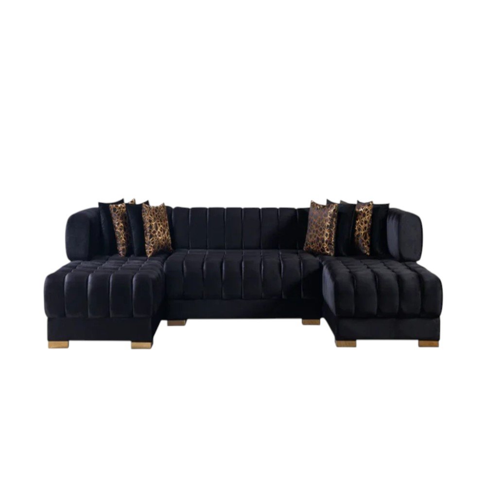 Black Velvet U Shaped Three Piece Sofa and Chaise Sectional With Toss Pillows
