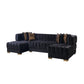 Black Velvet U Shaped Three Piece Sofa and Chaise Sectional With Toss Pillows
