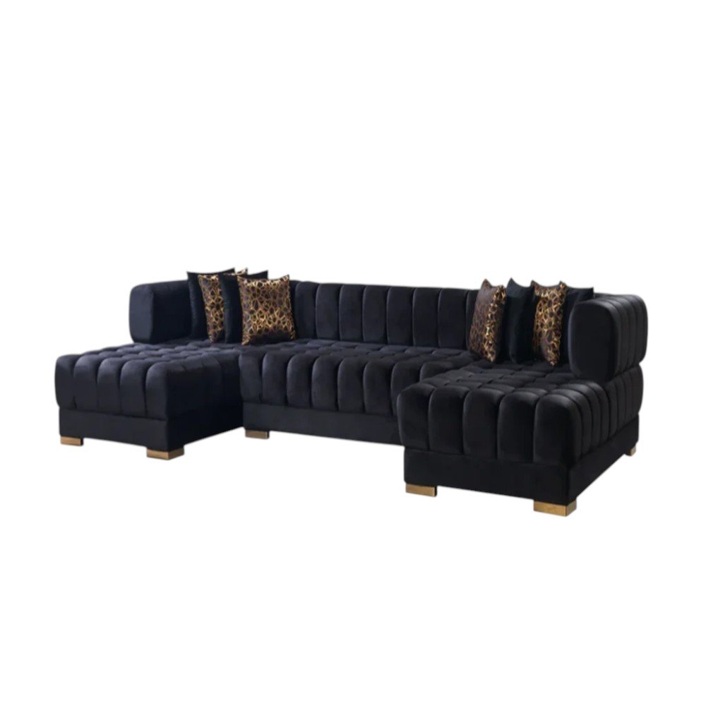 Black Velvet U Shaped Three Piece Sofa and Chaise Sectional With Toss Pillows